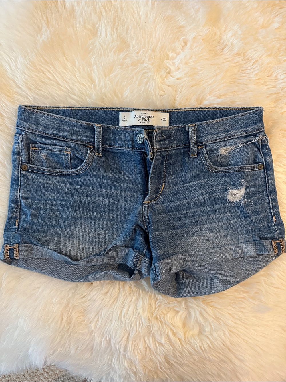 Abercrombie & Fitch Blue Distressed Roll-Cuff Denim Shorts
